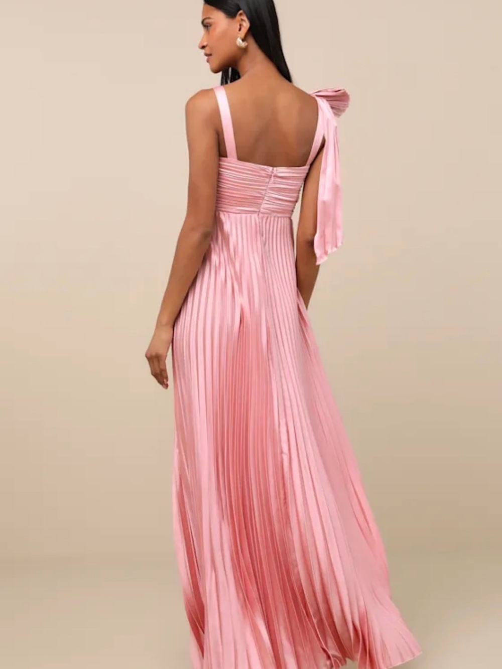 Lulus Gorgeous Purpose Pink Satin Pleated Sleeveless Bow Maxi Dress Size 1X - Picture 6 of 7